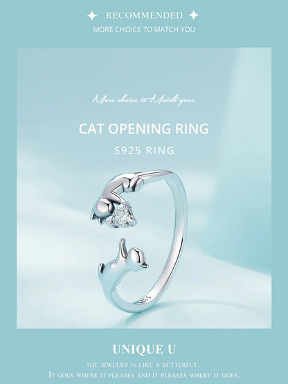 WOSTU 100% 925 Sterling Silver Cat Dog Opening Ring Hot Sale Pet Rings For Women Original Fashion Animal Jewelry Party Gift