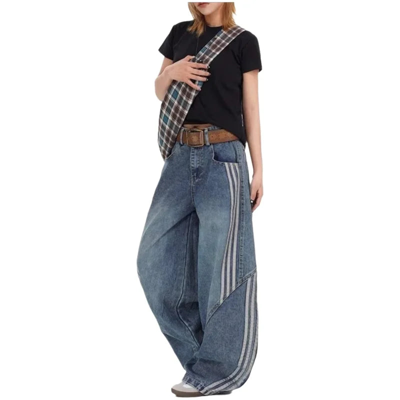 High Waist Loose Straight Leg Jeans American Stripe Splicing Unisex Spring Summer Autumn Winter Vintage Long Trousers