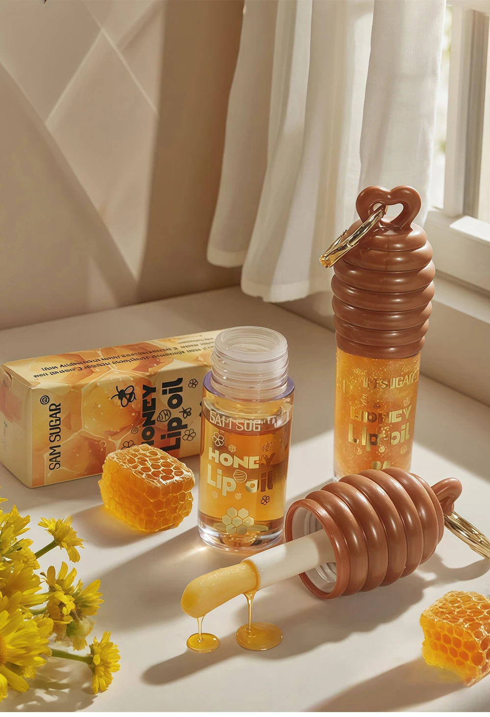 SAM SUGAR 2-Color Honey Essence Lip Oil Long-Lasting Moisture, Reduces Lip Lines Transparent Hydrating Lip Gloss
