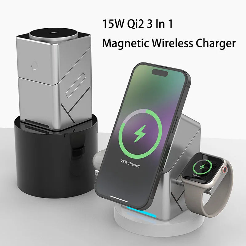 Qi2 3 in 1 Magsafe Wireless Chargers Station for iPhone & Samsung Magnetic Charging Dock for Apple Watch Charger