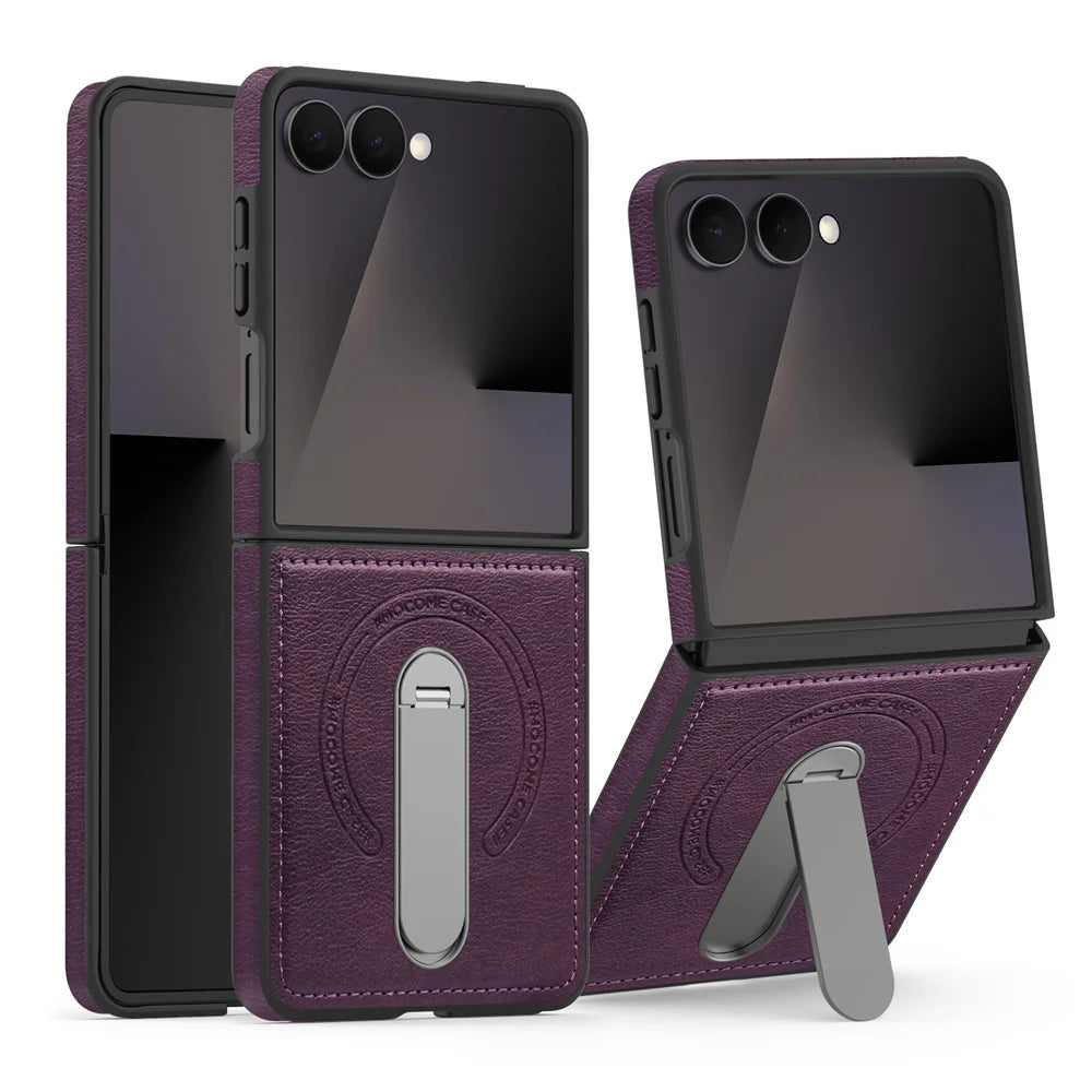 Luxury Invisible Fold Stand Magnetic Leather Phone Case For Samsung Z Flip 7 FE 6 5 4 3 5G For Magsafe Wireless Charging Cover