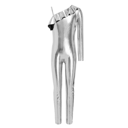Kids Girls Metallic Shiny Ballet Dance Unitards Figure Skating Acrobatics Gymnastics Leotard One Shoulder Long Sleeve Jumpsuit