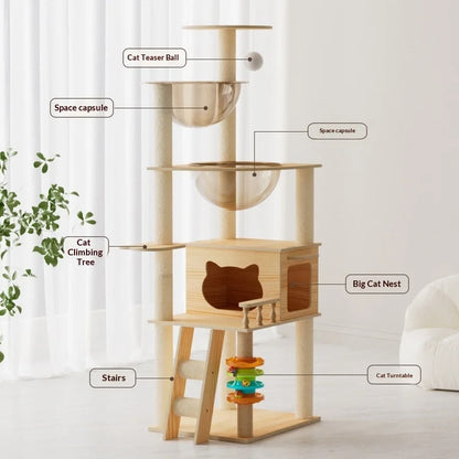 Multi Level Cat Tree Cat Condo Double Space Capsule Cat Tower Scratch Post Plush Bed Indoor Modern Pet Furniture Cat Furniture