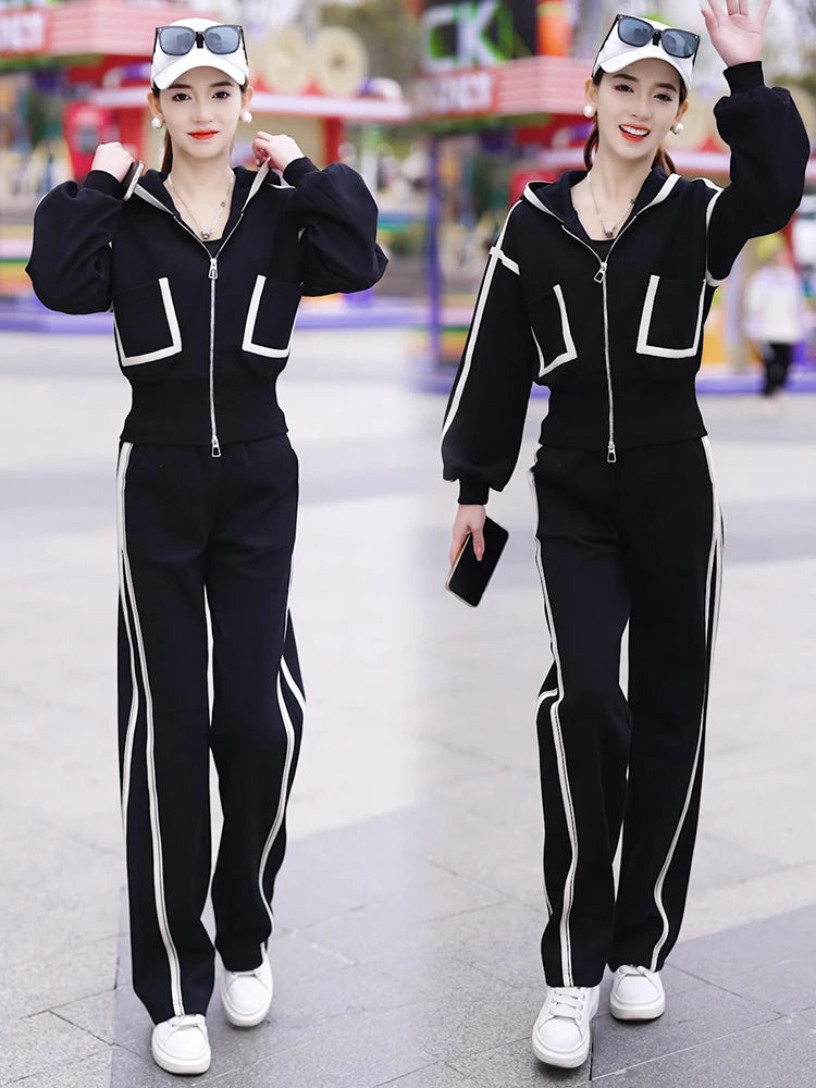 Women's Fashion Color Matching Zipper Cardigan Jacket + Wide-leg Pants Sports Casual Loose Two Piece Set