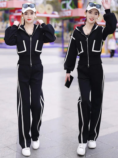 Women's Fashion Color Matching Zipper Cardigan Jacket + Wide-leg Pants Sports Casual Loose Two Piece Set