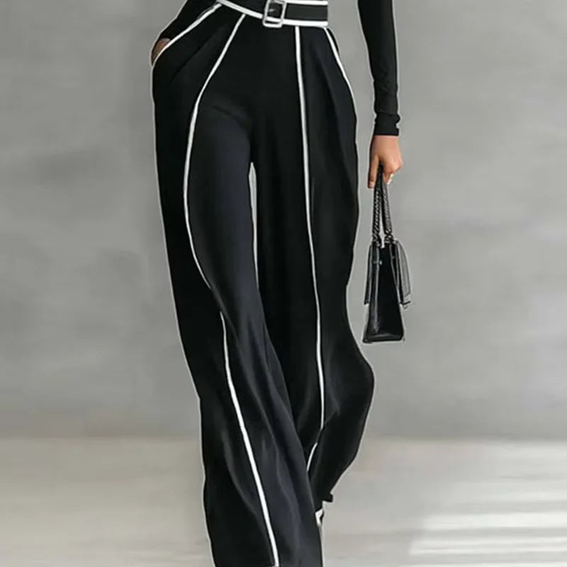 Striped Print Patchwork Woman Overalls Elegant High Neck Slim Top Pullover & Wide Leg Trousers Suit Winter Outfit Suit