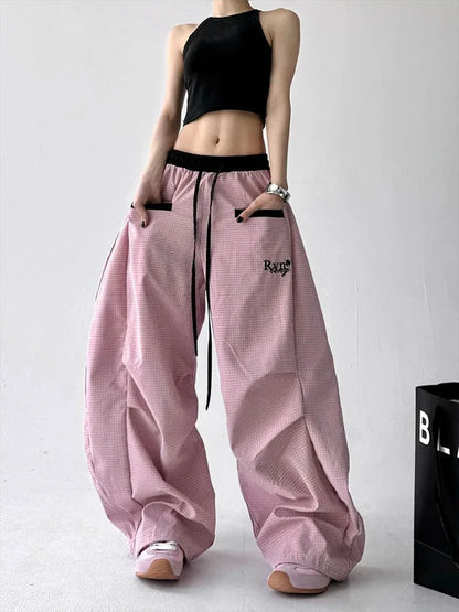 Streetwear Hip Hop Plaid cargo Pant Women Summer Design Scimitar Jazz Dance Wide Leg Pants High Waist Loose All Match Long Pants