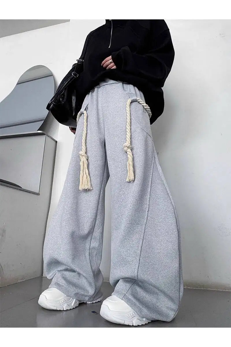 IEFB Handmade Thick Rope Design Men Women Casual Pants Solid Color Elastic Waist Sweatpants Wide Leg Male Curved Knife Trousers 9X654