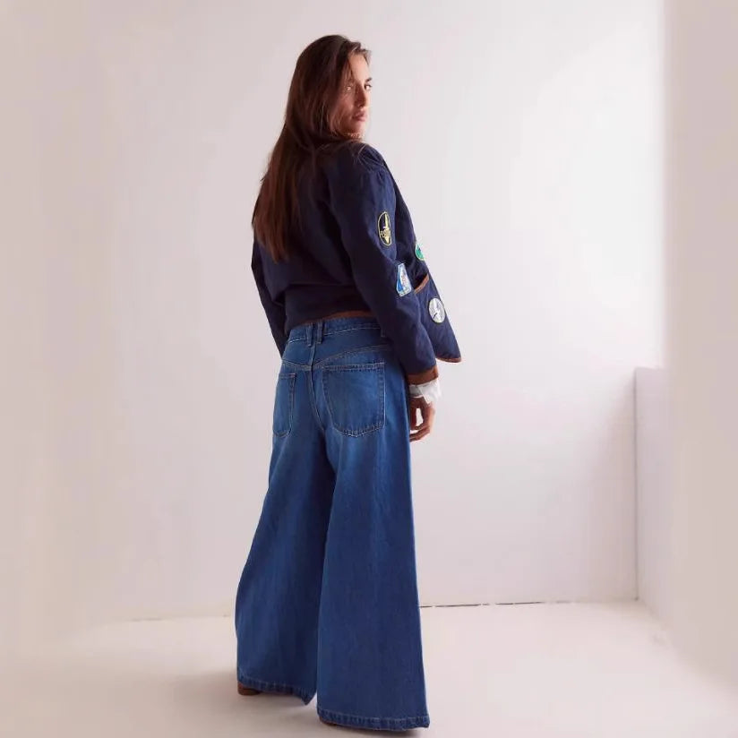 New European American Fashionable, Retro and Individuality Wide-leg Floor-length Denim Trousers with A Slit and Two-tone Design