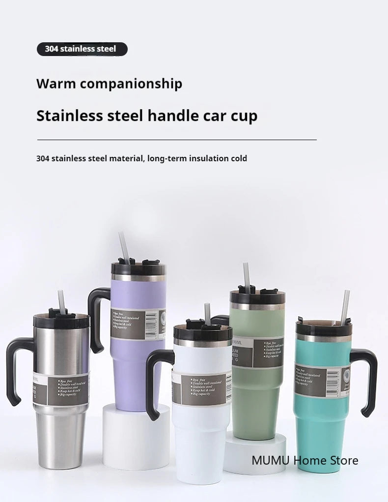 Stainless Steel Car Thermos Bottle Travel Sports Water Bottle Large Capacity with Handle Straw Mug Outdoor Coffee Cup 20oz/30oz