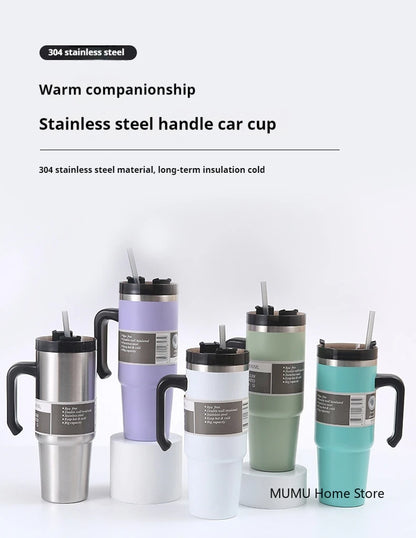 Stainless Steel Car Thermos Bottle Travel Sports Water Bottle Large Capacity with Handle Straw Mug Outdoor Coffee Cup 20oz/30oz