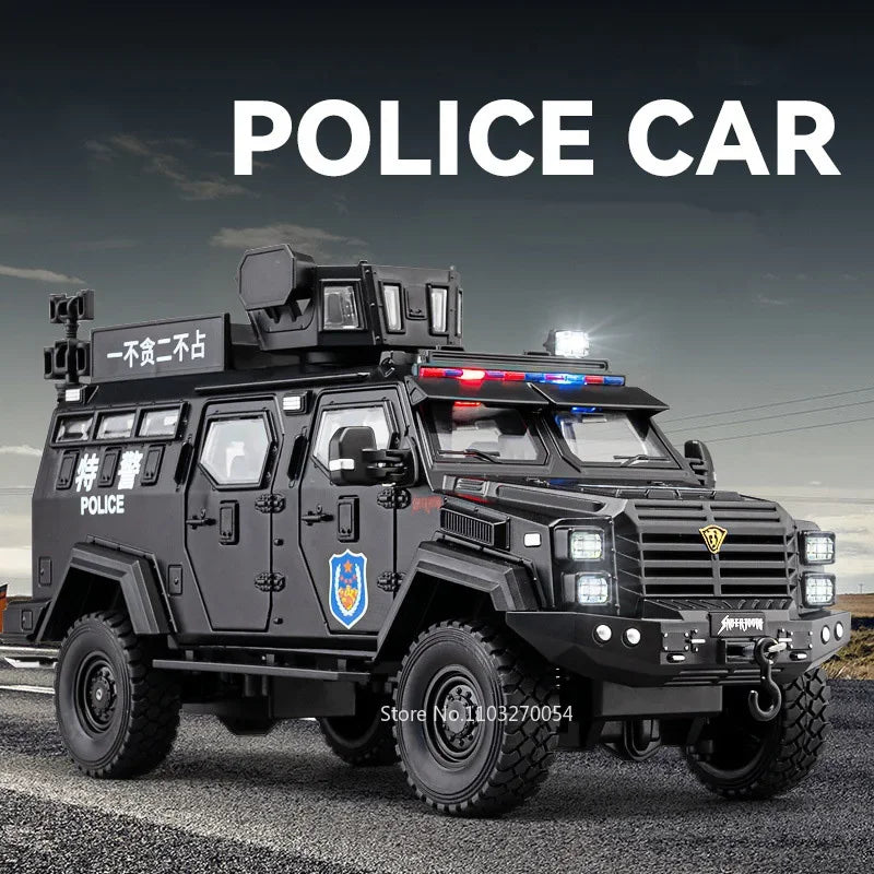 Swordtooth Tiger Police Car scale 1/24 Toy Model Alloy Diecast Explosion Proof Vehicles Door Opened Sound Light Pull Back Decoration Gift