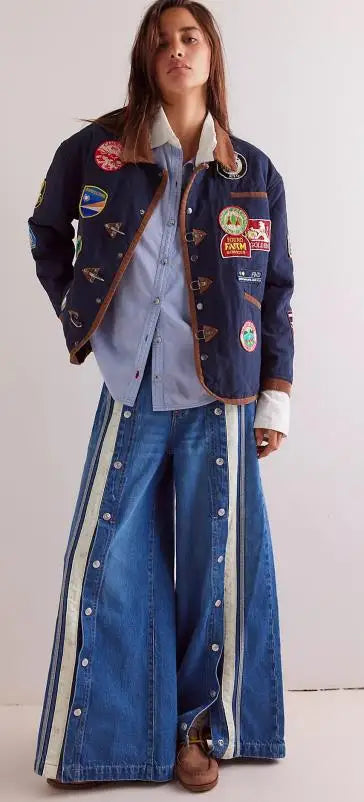 New European American Fashionable, Retro and Individuality Wide-leg Floor-length Denim Trousers with A Slit and Two-tone Design