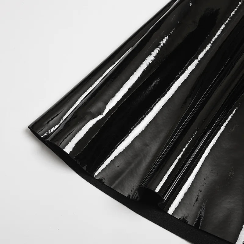 Women Black Patent Leather Pleated Mini Skirt High Waist Flared Gothic Punk Skirt Edgy Streetwear Skirt For Daily Wear & Dating