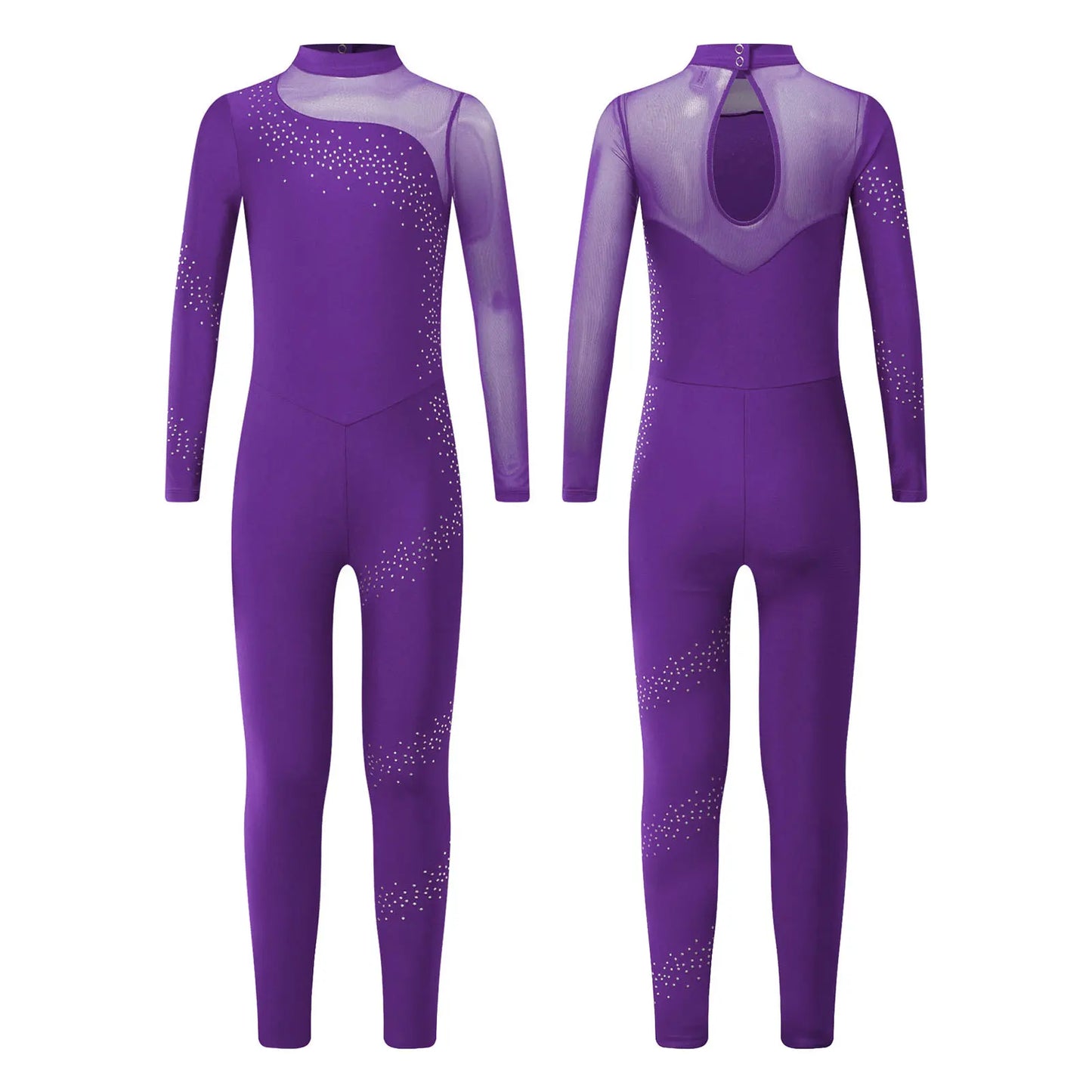 Kids Girls Ballet Dance Gymnastics Leotard Figure Skating Acrobatics Yoga Bodysuit Long Sleeve Shiny Rhinestone Mesh Jumpsuit