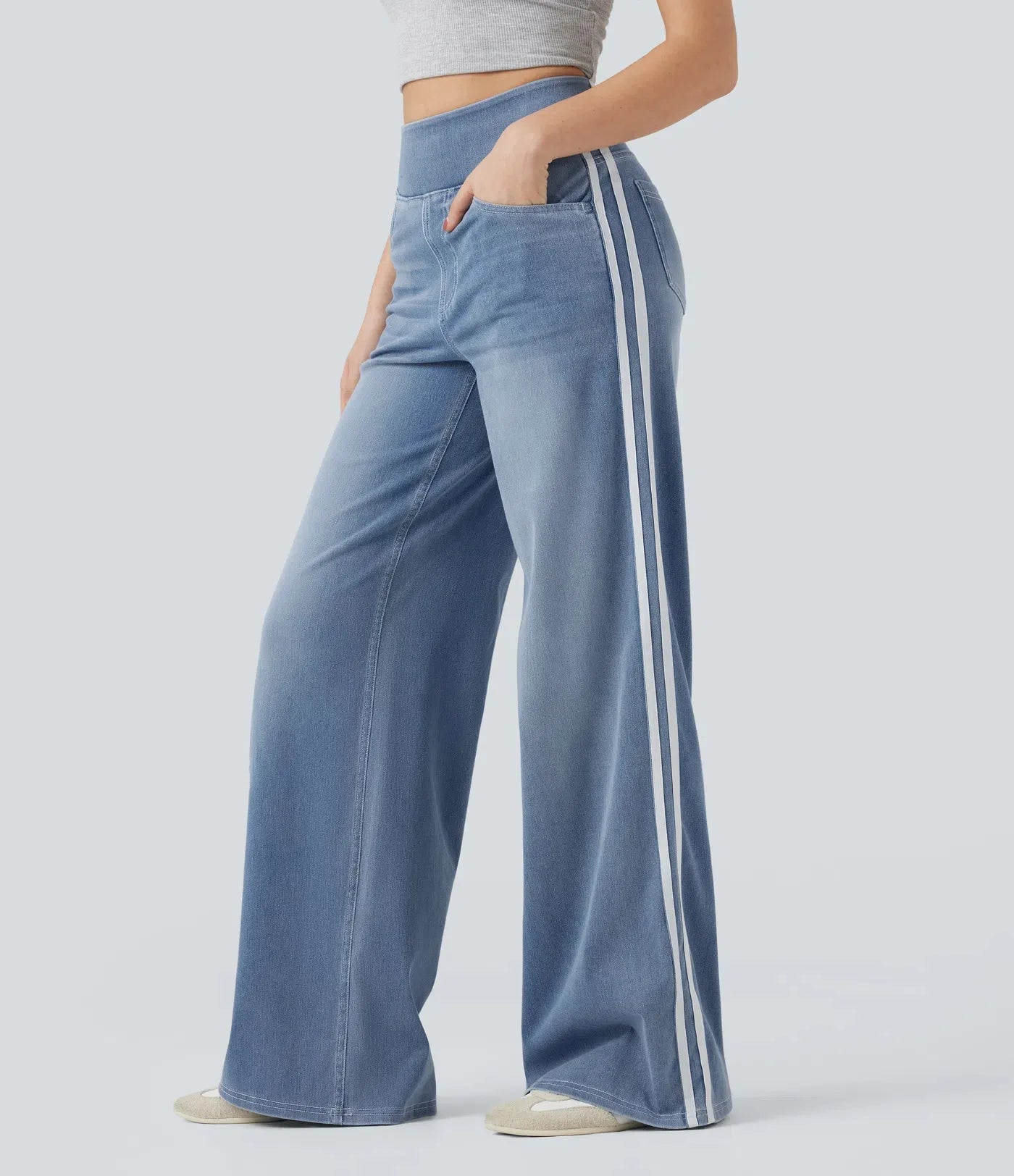 Retro Washed Blue Side Stripe Jeans Women's Y2K High Street Loose Wide Leg Pants Casual Comfortable High Waist Denim Jeans