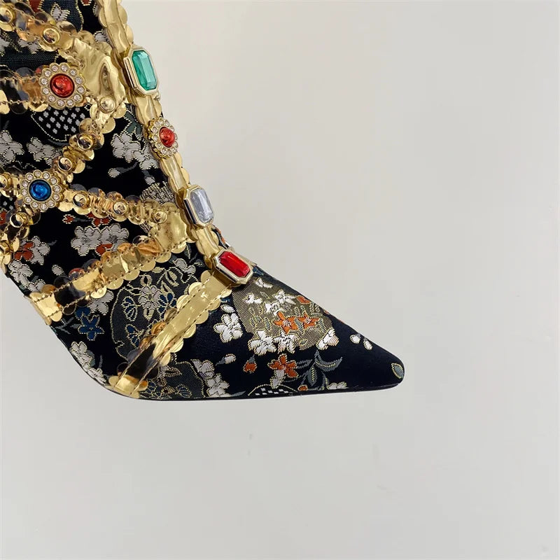 Liyke Runway Fashion Color Gem Knee High Boots Women Handwork Embroider Sexy Pointed Toe Zip Party Stripper Heels Shoes Booties