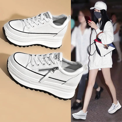 Fujin 7cm Genuine Leather Women Platform Shoes Wedge Sneakers Lace Up