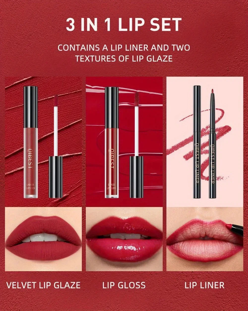 3 in 1 Lipstick and Lipliner Set, Long Lasting Waterproof Lip Stain Liquid Lipgloss Set for Women Halloween Gothic Makeup
