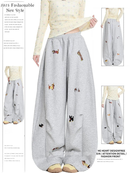 Fashion Y2K Baggy Pants Women's Cartoon Embroidery Loose Wide Leg Jeans Streetwear Aesthetic Casual Trousers