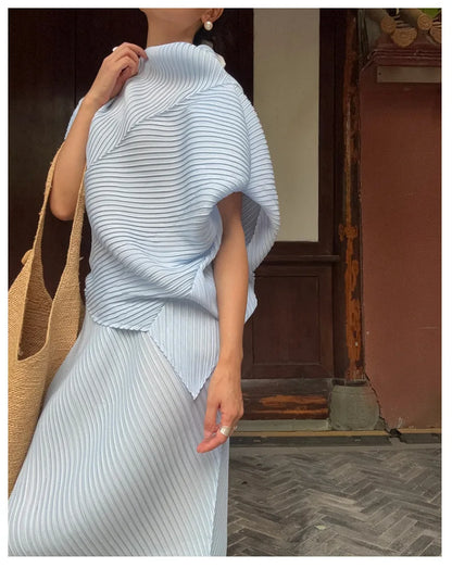 Miyake Pleated Women Set 2026 Summer New Solid Color Irregular Design T-shirt Loose Large Half Skirt Female Two Piece Set