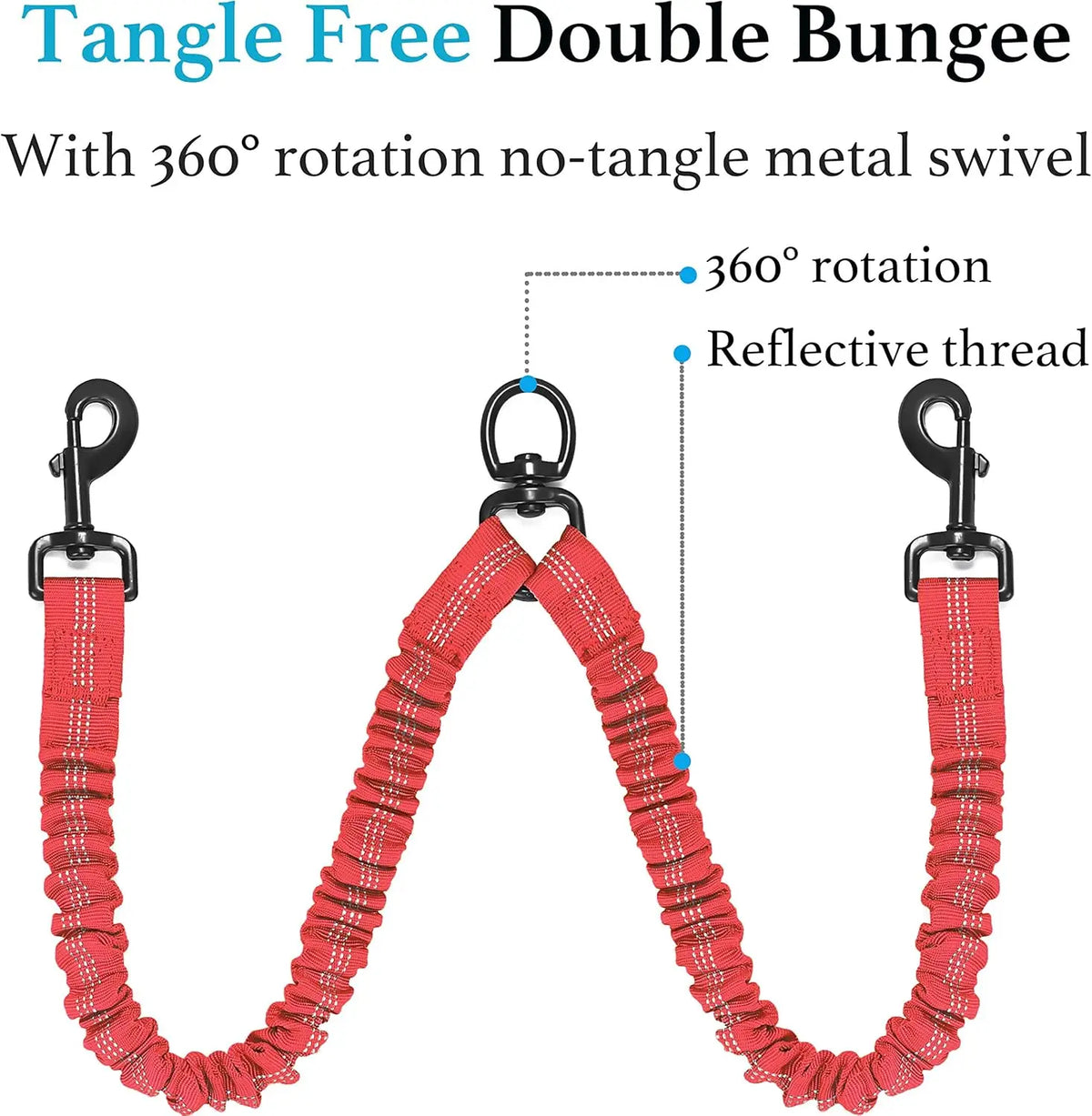 Double Dog Leash, Dual Dog Leash, 360 Swivel Tangle Free Bungee Walking Training Leash for Large Medium Dogs, Shock Absorbing Bu