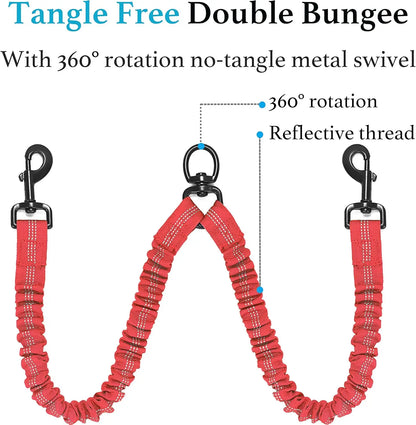 Double Dog Leash, Dual Dog Leash, 360 Swivel Tangle Free Bungee Walking Training Leash for Large Medium Dogs, Shock Absorbing Bu