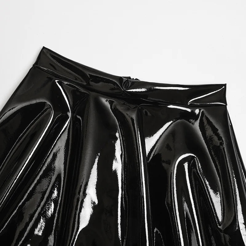 Women Black Patent Leather Pleated Mini Skirt High Waist Flared Gothic Punk Skirt Edgy Streetwear Skirt For Daily Wear & Dating