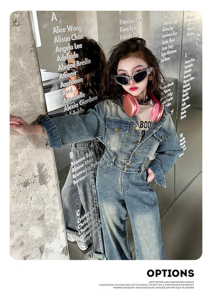 2025 Spring teen Kids girl Denim Jumpsuits Long Sleeve Overalls Children Fashion Jeans Loose Trousers Korean junior Girls Outfit