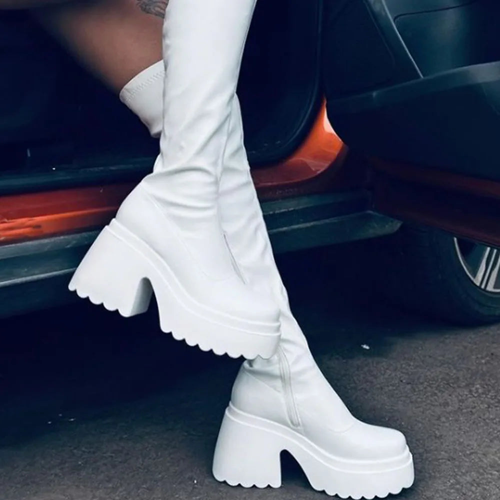 .DoraTasia Fashion Round Toe Chunky Heel Women's Stretch Boots INS Punk Street Snap Motorcycle Nightclub  Winter Shoes Woman