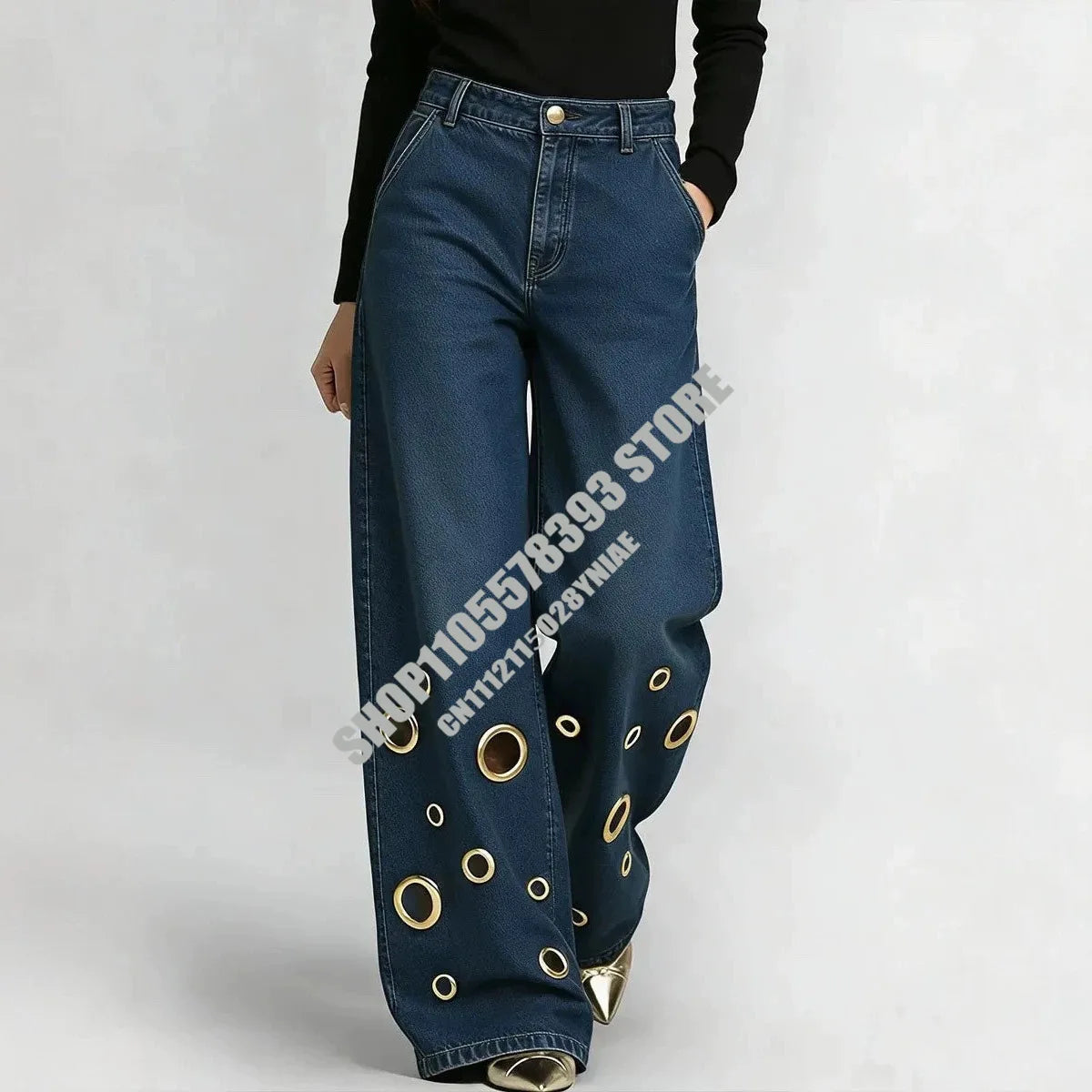 American High Street Straight Leg Jeans Women Metal Ring Hollow Long Jeans Autumn Casual High Waist Pockets Baggy Denim Pants