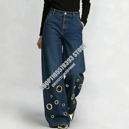 American High Street Straight Leg Jeans Women Metal Ring Hollow Long Jeans Autumn Casual High Waist Pockets Baggy Denim Pants