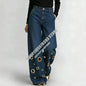 American High Street Straight Leg Jeans Women Metal Ring Hollow Long Jeans Autumn Casual High Waist Pockets Baggy Denim Pants