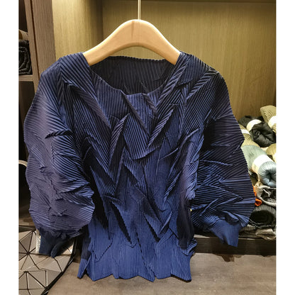 LANMREM New Batwing Sleeve Pleated Women's T-shirt American Style Loose Versatile Chic Round Collar Pullover Tops 2DB6558