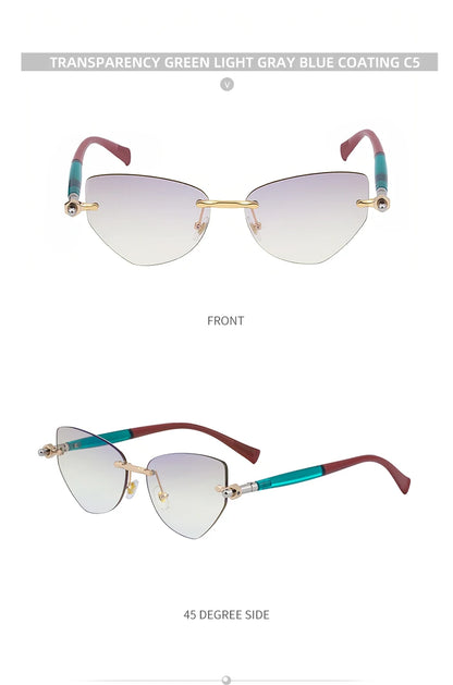 Sexy Cat Eye Punk Rimless Sunglasses Women Luxury Brand Retro Steampunk Polygon Sun Glasses For Ladies Fashion Shades UV400
