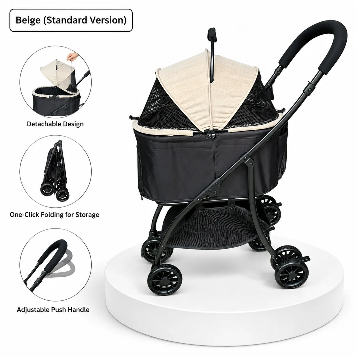 Pet Stroller 2-in-1 Detachable with Removable Lightweight Carrier Basket One-Click Fold 4-Wheel Dog Cat Trolley Breathable Mesh Windows Large Storage Space for Small Medium Pets