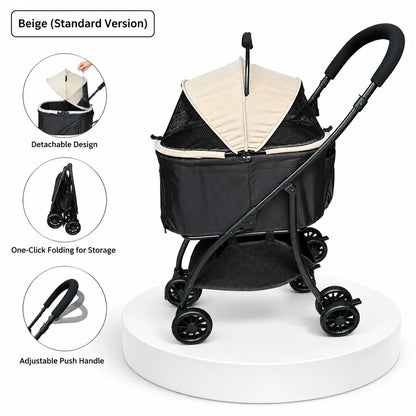 Pet Stroller 2-in-1 Detachable with Removable Lightweight Carrier Basket One-Click Fold 4-Wheel Dog Cat Trolley Breathable Mesh Windows Large Storage Space for Small Medium Pets