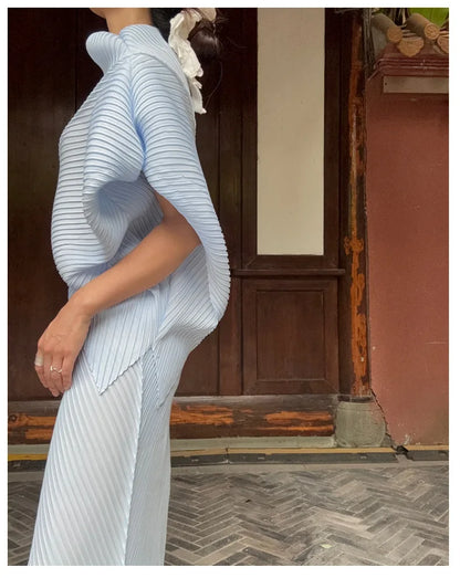 Miyake Pleated Women Set 2026 Summer New Solid Color Irregular Design T-shirt Loose Large Half Skirt Female Two Piece Set