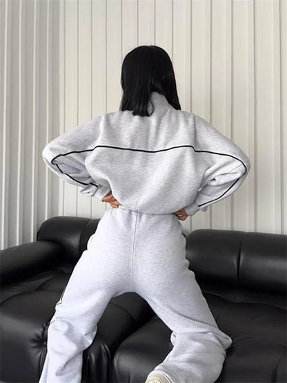 Sweatshirt Two-piece Suit Women's Oversize Striped Casual Sports Sets Zipper-up Short Jacket Straight Trousers 2-piece Sets