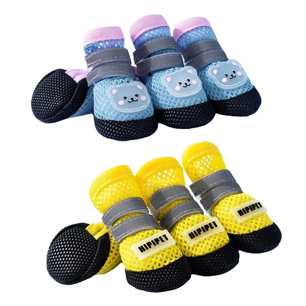 4Pcs/Set Cute Breathable Dog Mesh Shoes Adjustable Wear-resistant Dog Paw Protectors Reflective Dog Footwear Hiking
