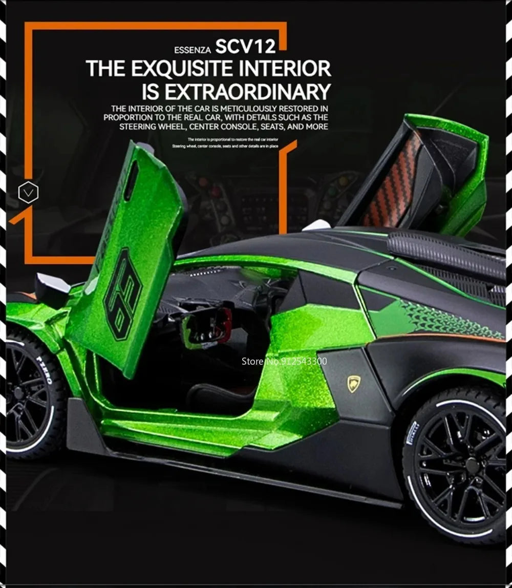Lambor SCV12 LP770- 1:24  Car Model Alloy Diecast Sound Light Pull Back Doors Opened Vehicle Models Toy