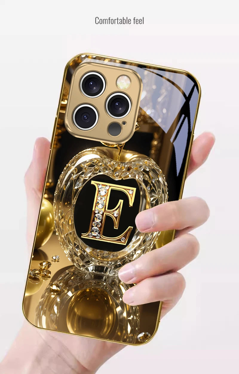 High end golden letter 'F' For IPhone 16 17Pro Max 15 P ro 14 13 Plus 12 Mini 11Pro Max XR 16E 17 Air Golden glass phone case