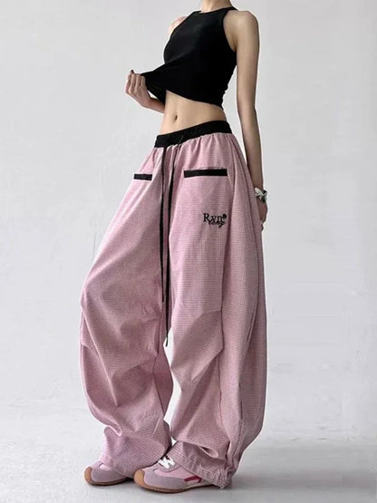Streetwear Hip Hop Plaid cargo Pant Women Summer Design Scimitar Jazz Dance Wide Leg Pants High Waist Loose All Match Long Pants