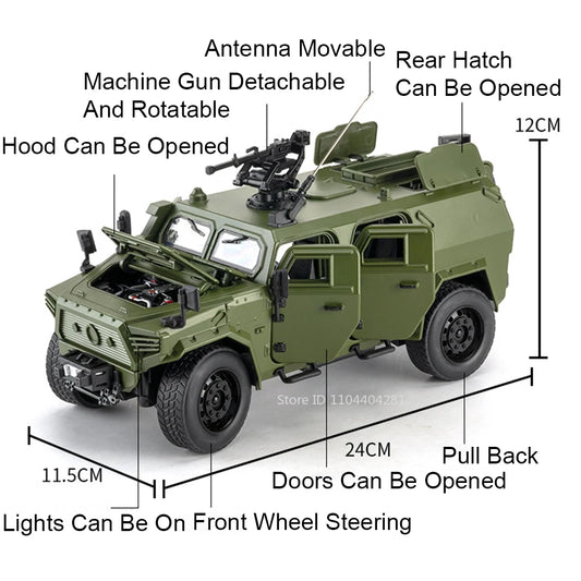 Dongfeng M-Terrain 1:18 Alloy Car Toys Miniature Model Diecast Military Vehicle Sound Light Pull Back Doors Opened Kid Xmas Gift