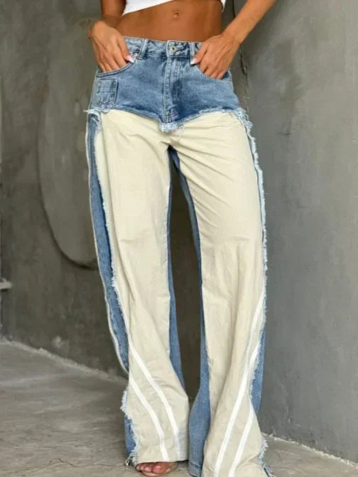 Jeans Women Denim Wide Leg Pants Stripe Trousers Contrast Color Low Waist Washed Pockets 2026 Streetwear Denims Floor Length