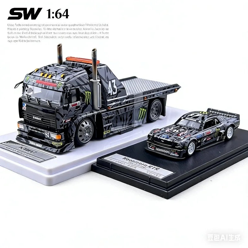 SW 1:64 Ford Mustang Hoonicorn RTR KamaZ Modified Trailer Simulation Static Alloy Car Model Gift Toy.