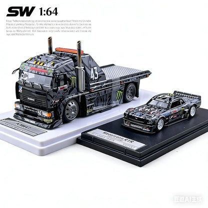 SW 1:64 Ford Mustang Hoonicorn RTR KamaZ Modified Trailer Simulation Static Alloy Car Model Gift Toy.