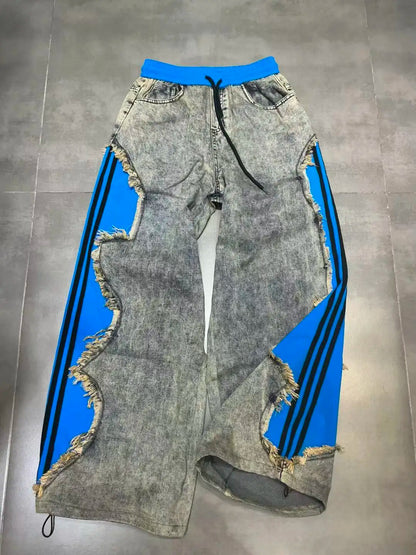 Trendy Drawstring Casual Women's Jeans Spring Summer New Style Side Color Block Striped Washed Grey Pants Natural Waist Denim
