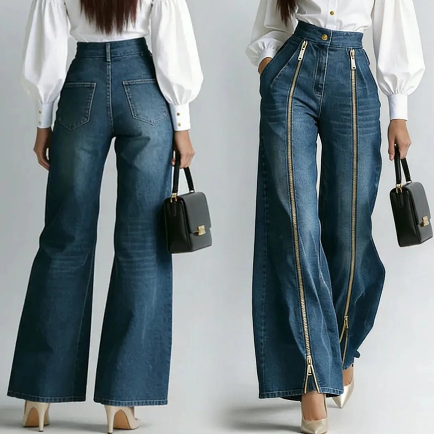 Women's Fashion Zipper Decor Slant Pocket Wide Leg Jeans Casual Pockets High Waist Elegant Loose Denim Trousers