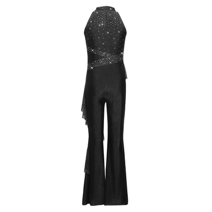 Kids Girls Figure Skating Jumpsuit Ballet Gymnastics Acrobatics Dance Leotard Sleeveless Shiny Rhinestones Ruffles Mesh Bodysuit